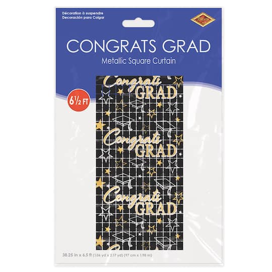 Beistle 6.5ft. Black & Gold Congrats Grad Metallic Square Curtain
